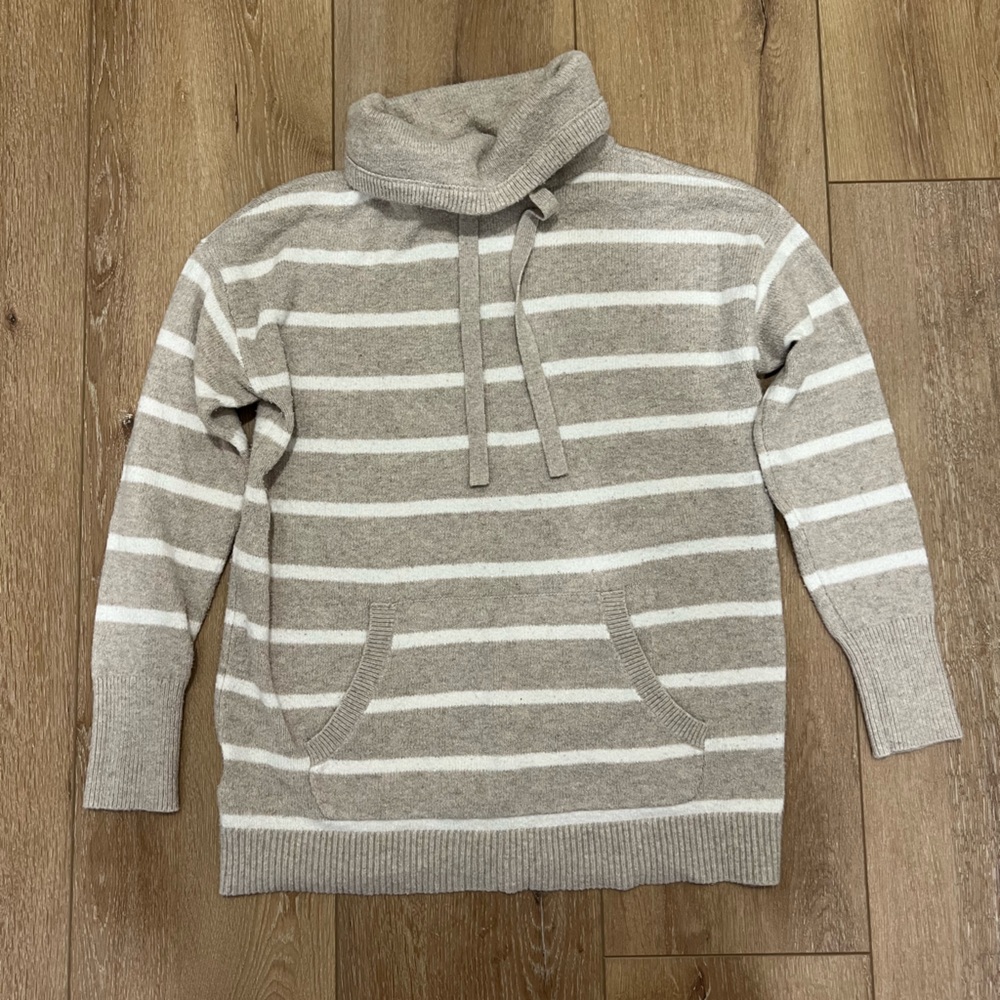 Striped Pocket Cowl Neck Tunic Sweater